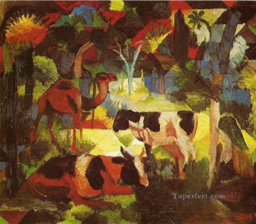 Paisaje con vacas y camellos expresionista. Pinturas al óleo